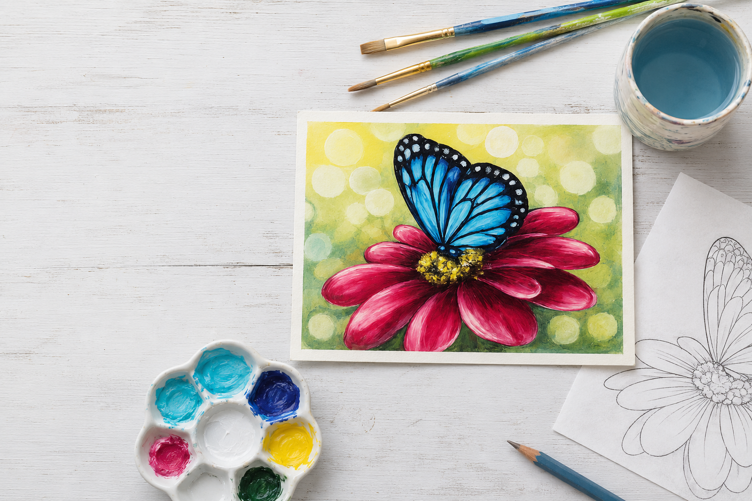 Butterfly painting with brushes, paint palette, water cup, and printable tracer
