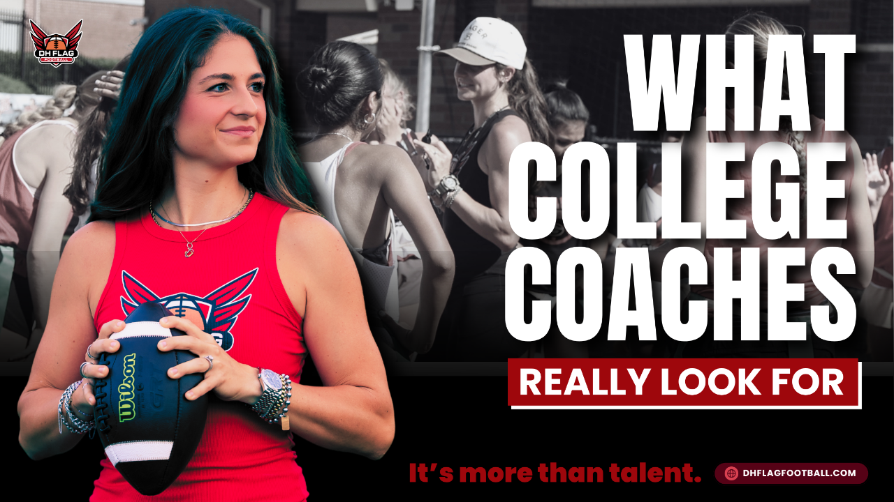 College flag football coach evaluating an athlete during recruiting