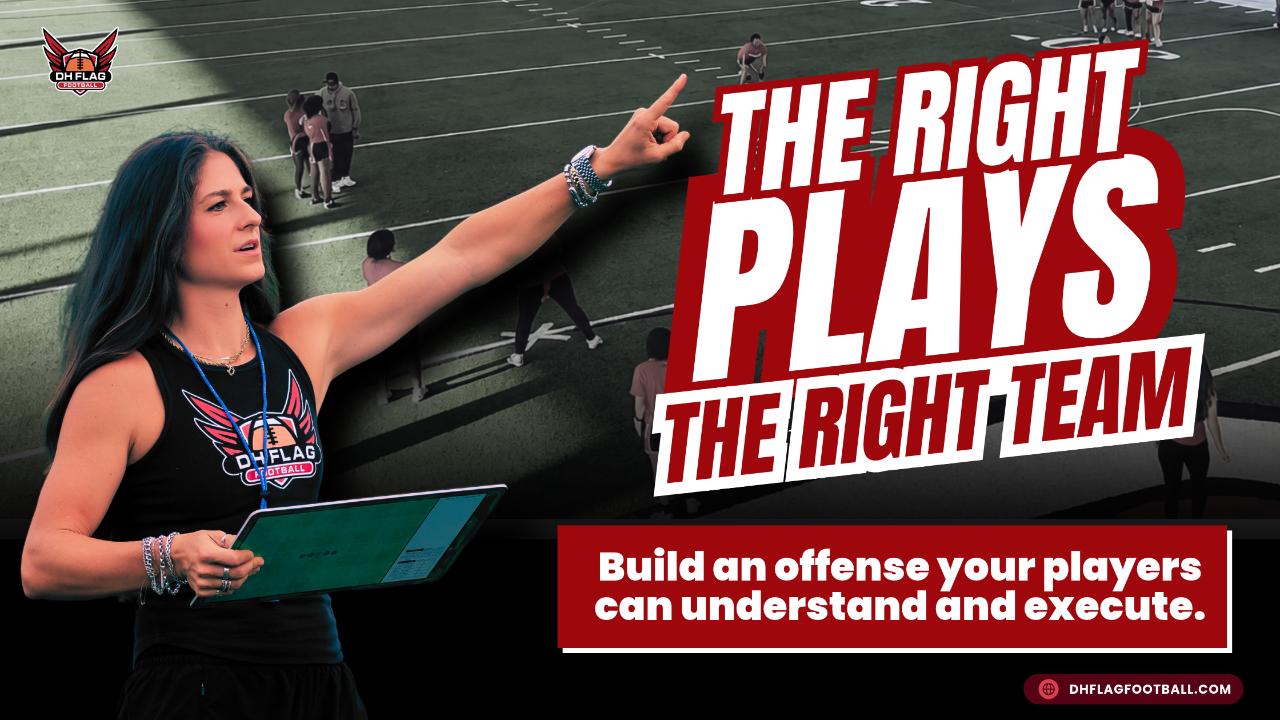 Flag football coach explaining offensive plays and strategy to a quarterback