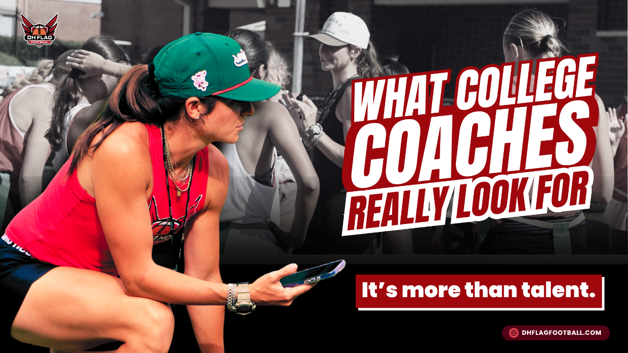 College flag football coach evaluating an athlete during recruiting