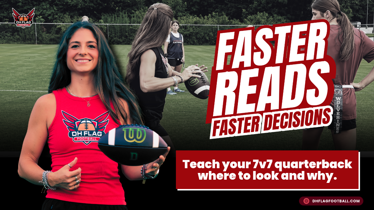 7v7 flag football quarterback reading defensive coverage before making a passing decision.