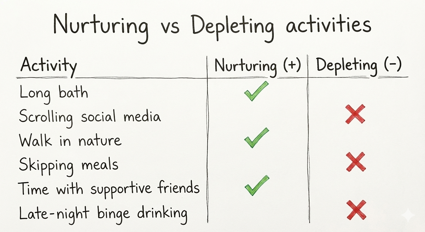Table showing nurturing versus depleting activities — building a life that supports moderation