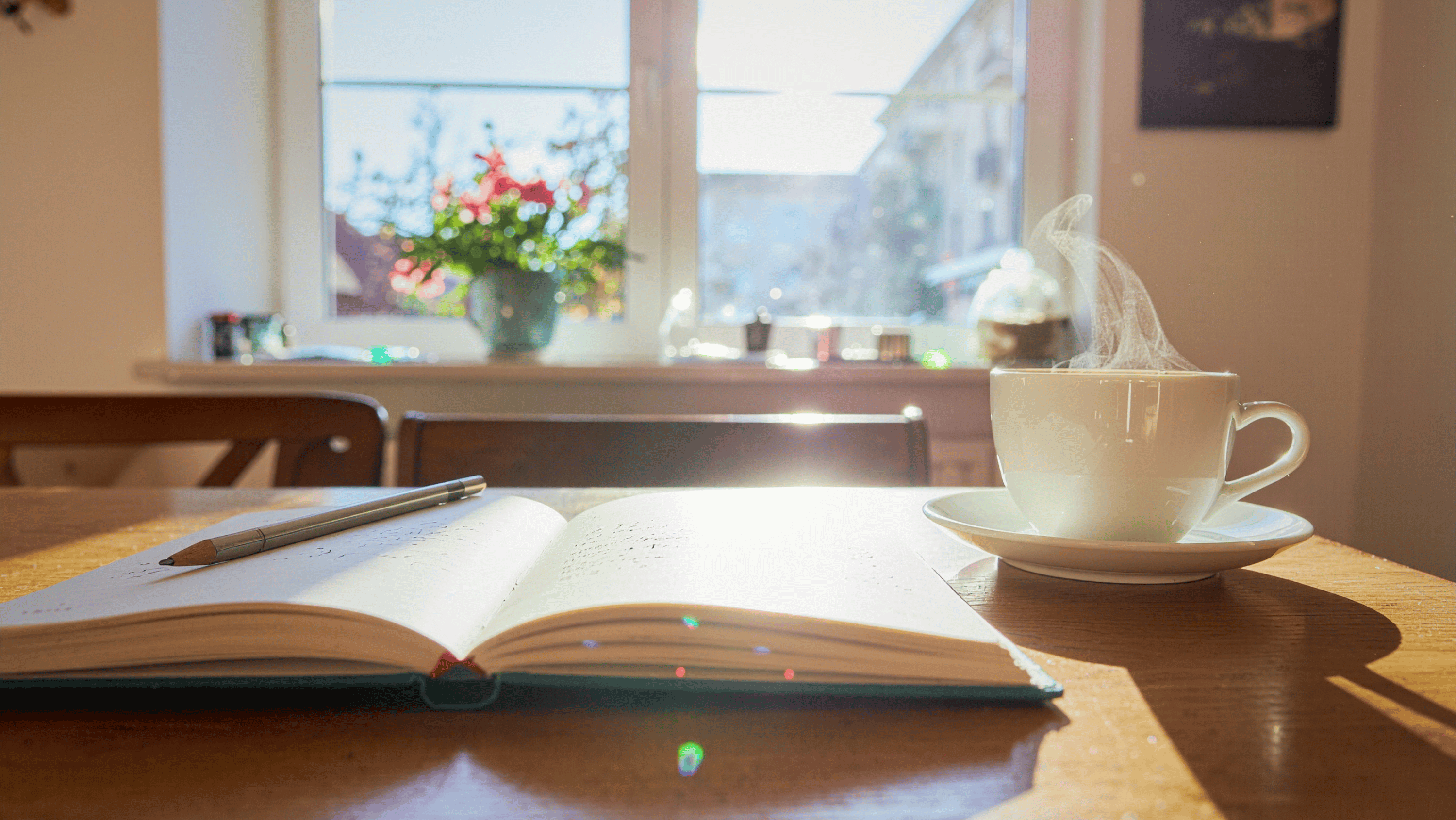 Person writing in a journal at a kitchen table in January light — dry january and dryish january guide