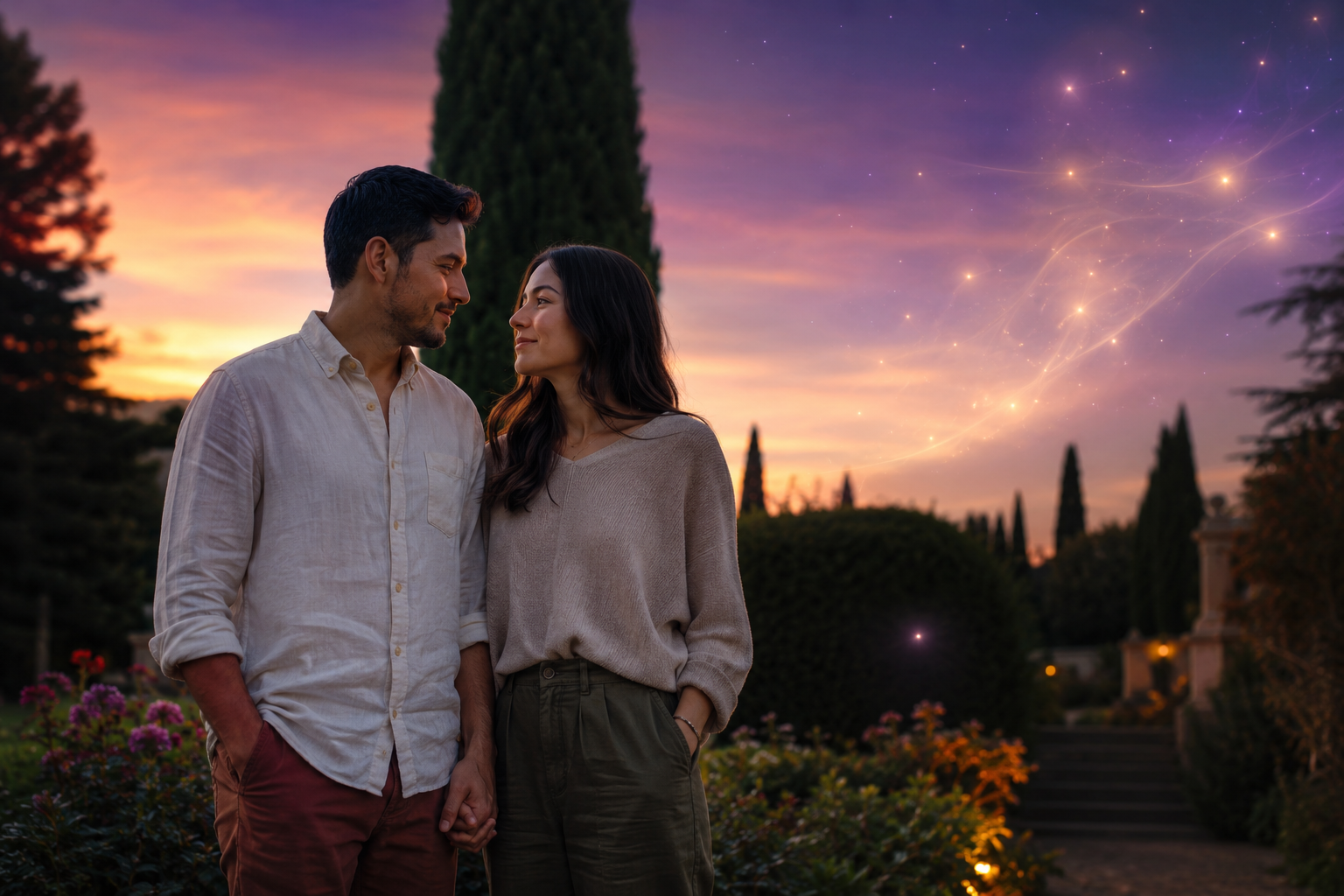 Couple holding hands beneath violet and gold light, representing supported fertility and IVF connection