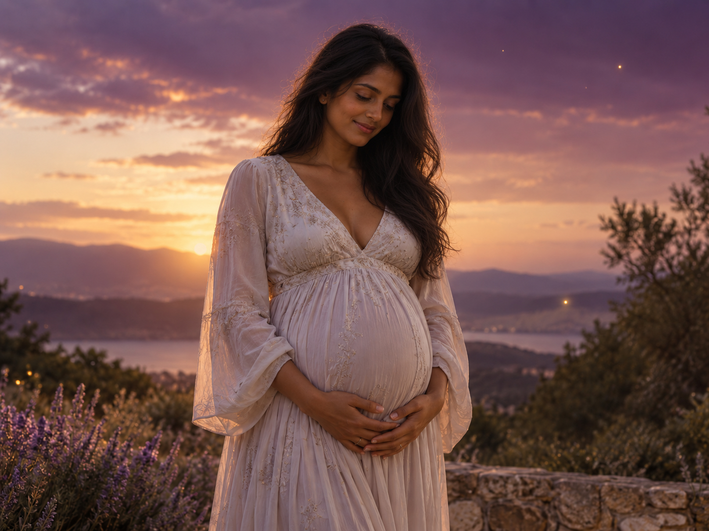 Indian mother in a luminous pregnancy landscape representing The Fertile Energy Field Method