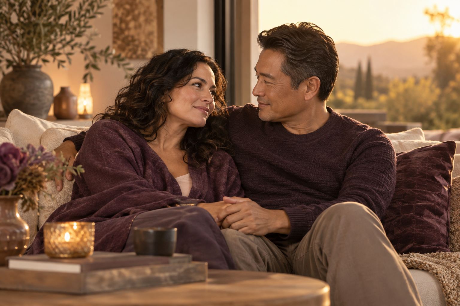 Asian man and brunette woman sharing a calm, connected moment, representing intuitive couples support.