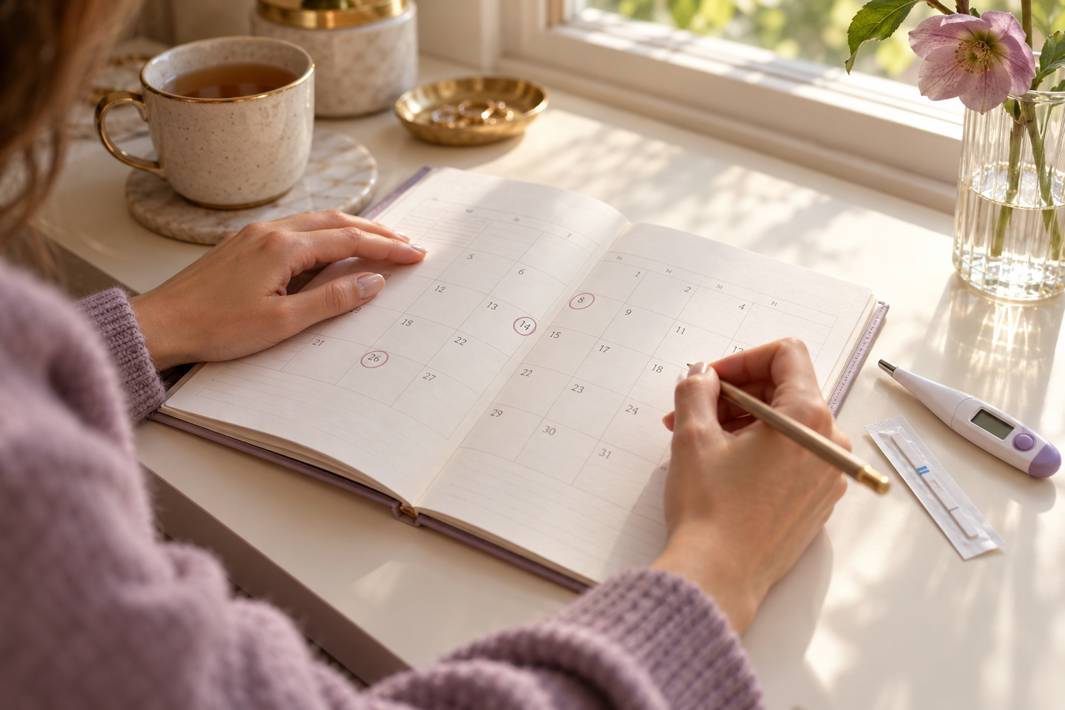 Cycle tracking calendar and basal body thermometer representing the physical dimension of fertility