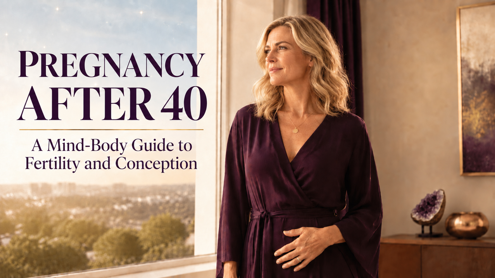 Pregnancy After 40: A Mind-Body Guide to Fertility and Conception, featuring a confident woman in warm morning light.