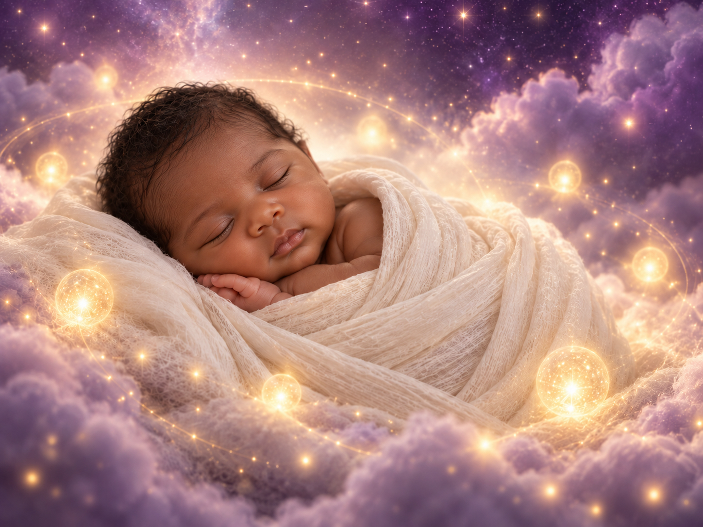 African American newborn sleeping peacefully in a luminous purple and gold cosmic setting