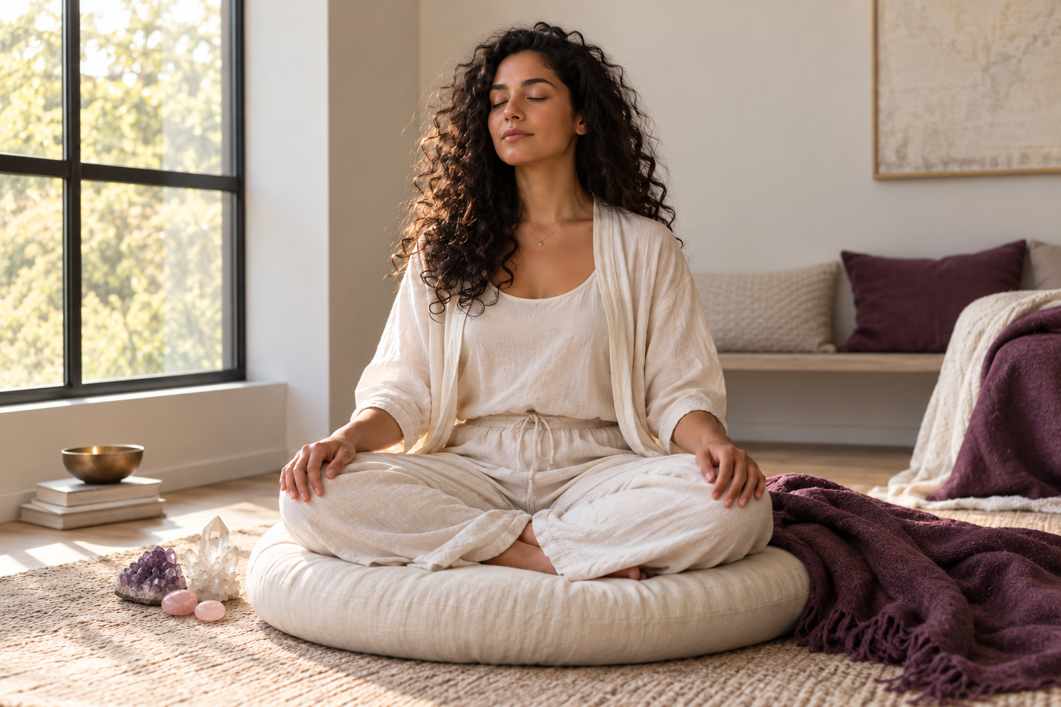Woman meditating peacefully beside crystals representing the emotional dimension of fertility