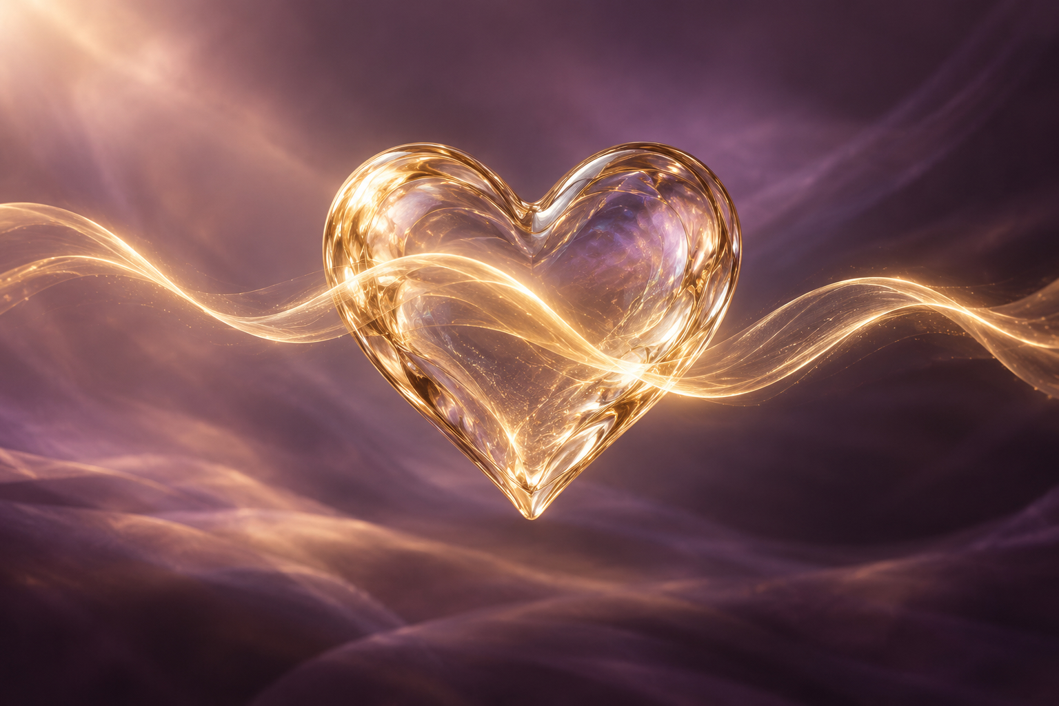 Golden glass heart with a flowing frequency wave representing the energetic dimension