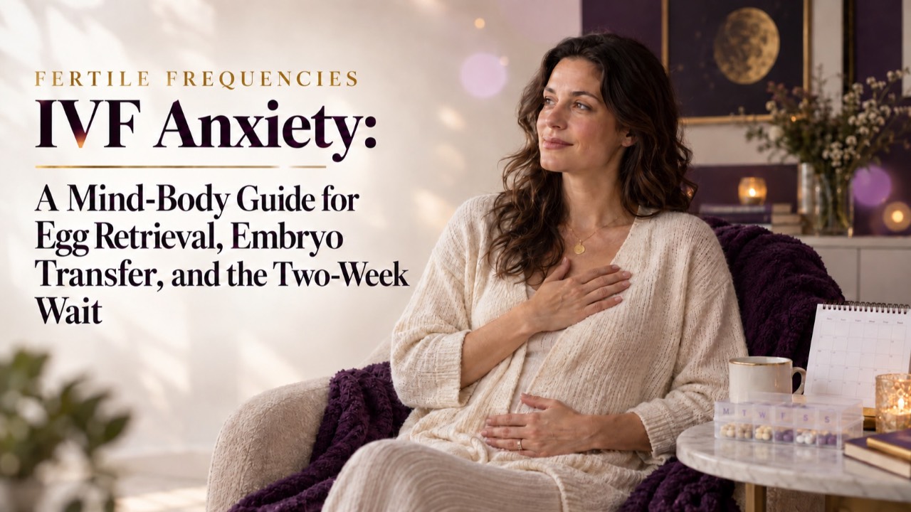 IVF Anxiety: A Mind-Body Guide for Egg Retrieval, Embryo Transfer, and the Two-Week Wait from Fertile Frequencies, featuring a woman practicing calming breathwork during fertility treatment