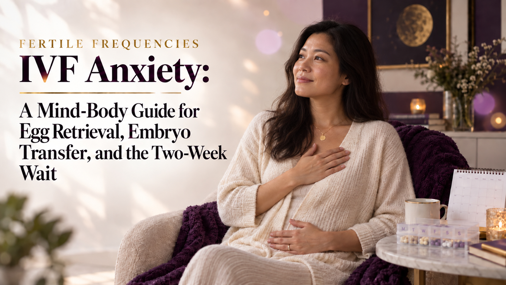 IVF Anxiety: A Mind-Body Guide for Egg Retrieval, Embryo Transfer, and the Two-Week Wait from Fertile Frequencies, featuring a woman practicing calming breathwork during fertility treatment
