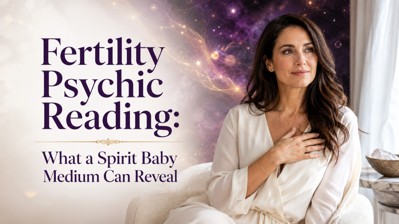 Fertility Psychic Reading: What a Spirit Baby Medium Can Reveal, featuring a woman surrounded by violet and gold light | Fertile Frequencies
