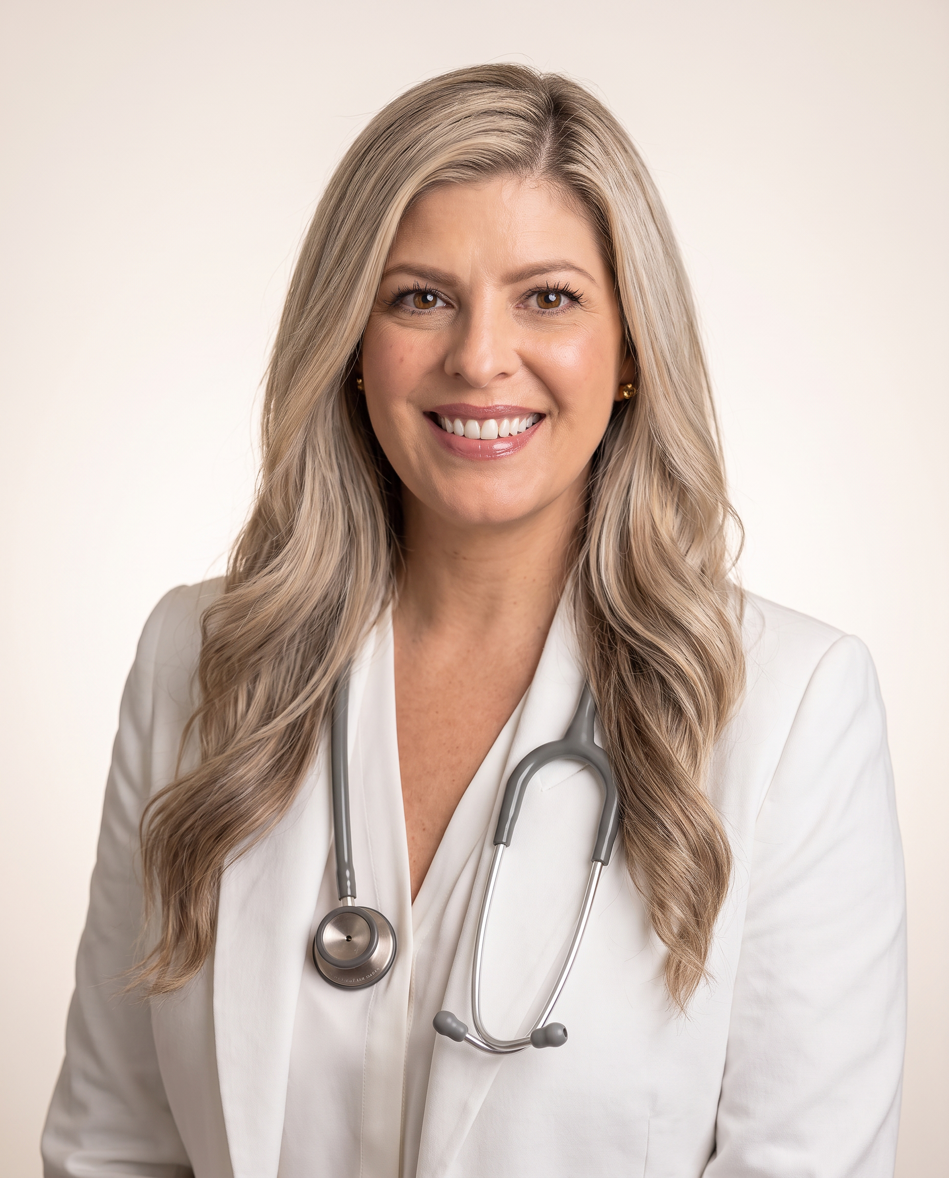 Lindsay Goodwin, LAc, MSOM, BS, FABORM, wearing a white blazer and stethoscope