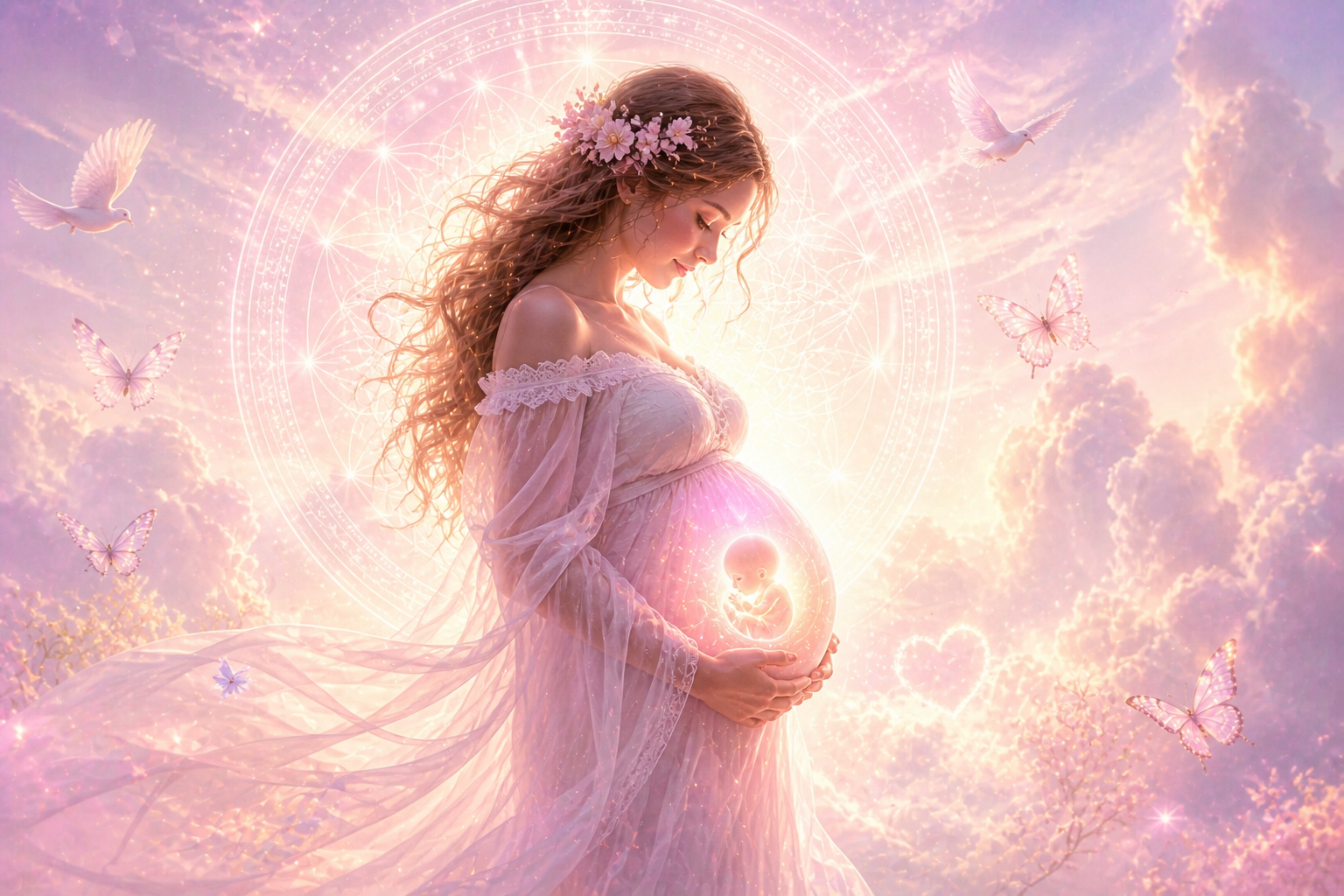 Luminous mother and baby artwork representing fertility, womb connection, and conception support