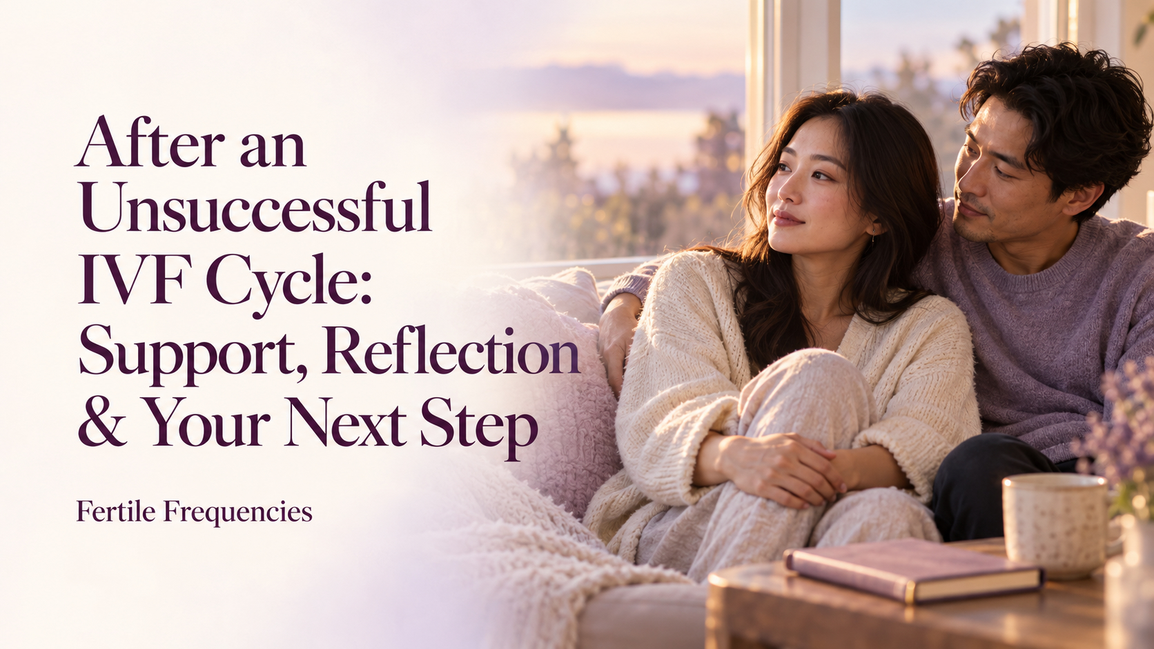 After an Unsuccessful IVF Cycle: Support, Reflection & Your Next Step — Fertile Frequencies. Couple sitting close together with a journal and cups nearby.