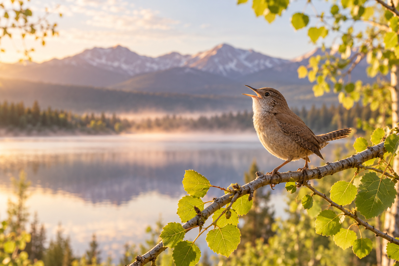 A songbird singing on a sunlit branch beside a peaceful mountain lake.