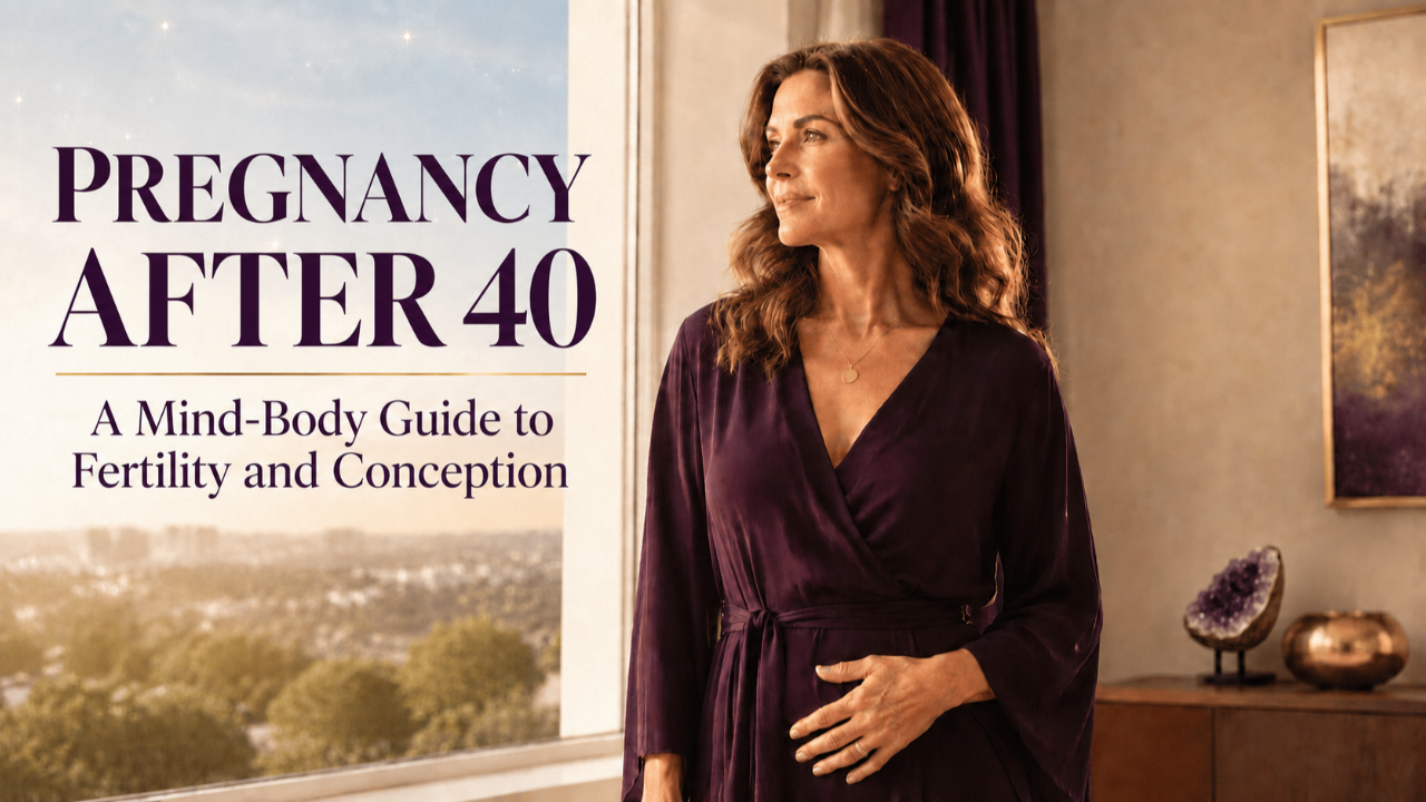 Pregnancy After 40: A Mind-Body Guide to Fertility and Conception, featuring a confident woman in warm morning light.