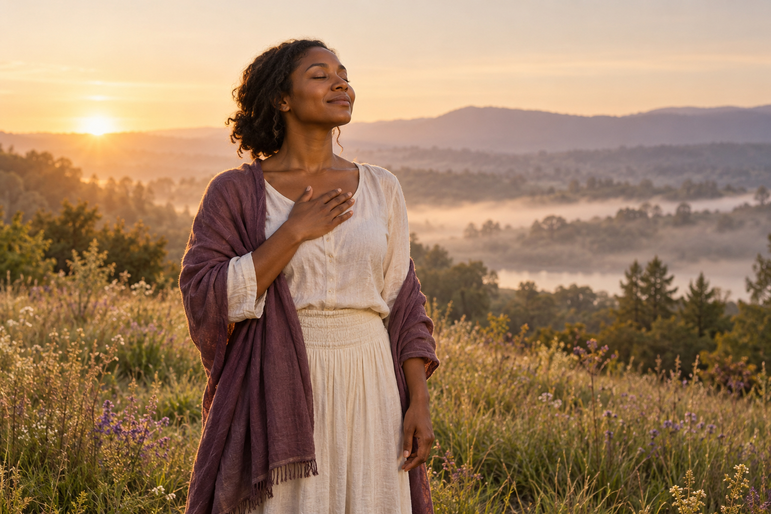 Woman at peace in morning sunlight representing the spiritual dimension of fertility