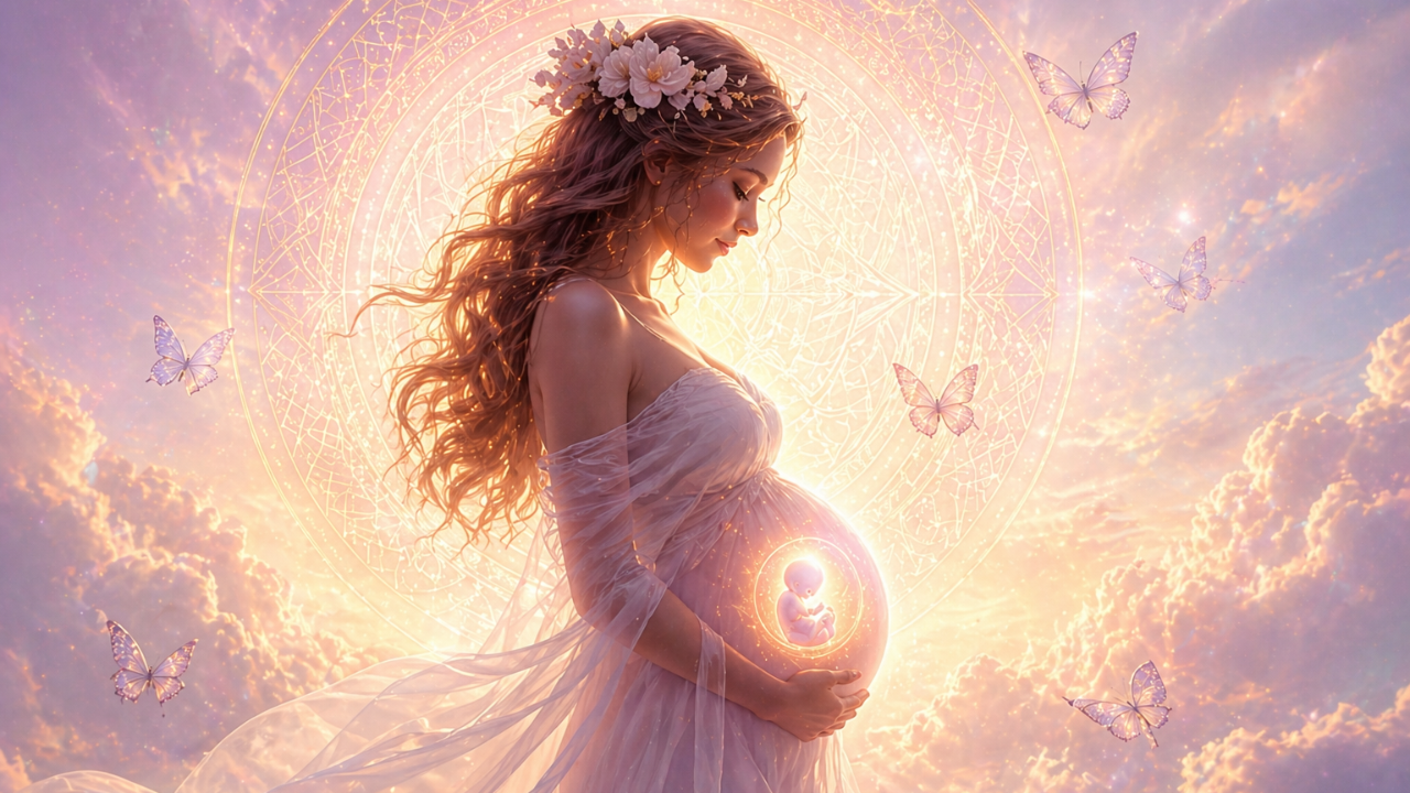 Ethereal woman connecting with spirit baby soul in divine light, spirit 