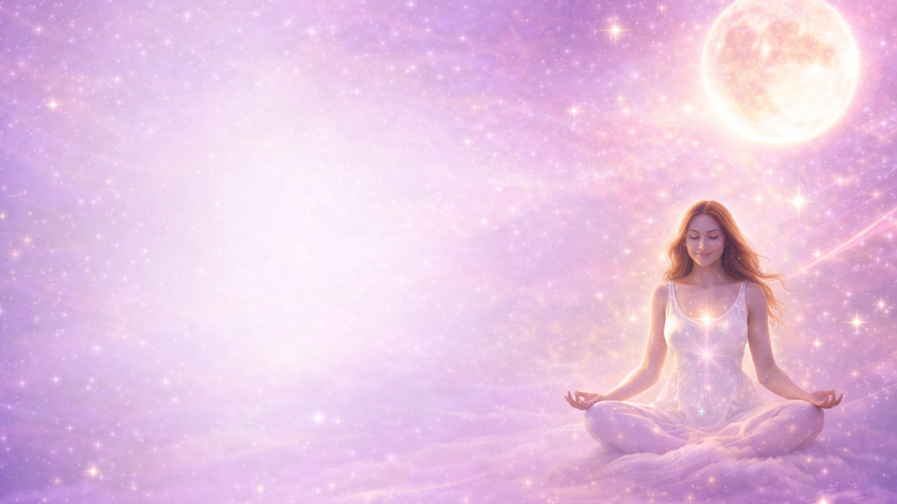 Woman practicing fertility meditation and nervous-system regulation beneath a luminous moon