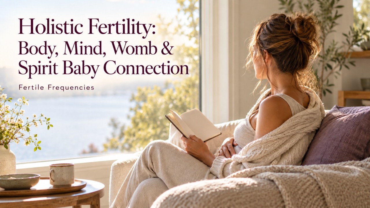Woman journaling beside a sunlit window beneath the title “Holistic Fertility: Body, Mind, Womb & Spirit Baby Connection | Fertile Frequencies 