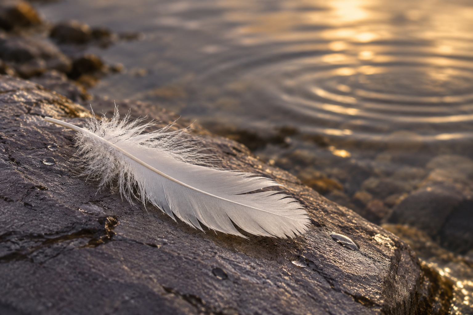 A white feather resting on a smooth stone beside gently rippling water in warm morning light.