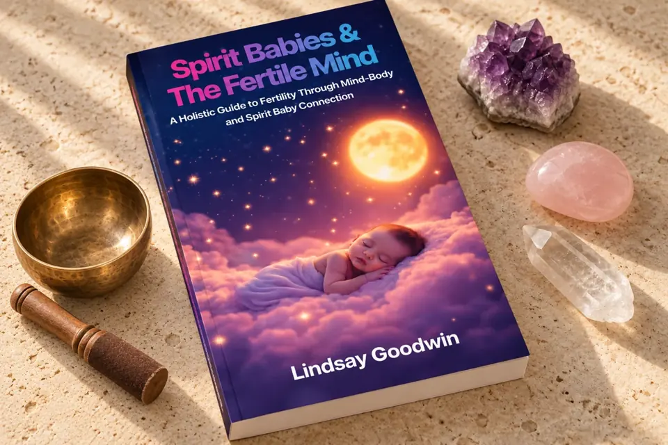 Spirit Babies & The Fertile Mind beside healing crystals and a brass singing bowl