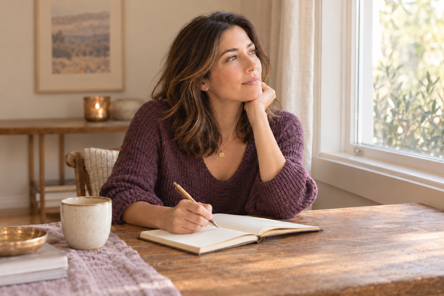 Woman reflecting with a journal representing the fertile mind dimension