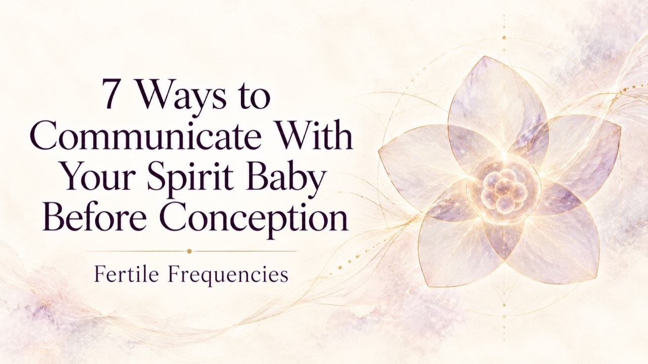 7 Ways to Communicate With Your Spirit Baby Before Conception — Fertile Frequencies, with a curled baby inside a violet flower and golden frequency lines