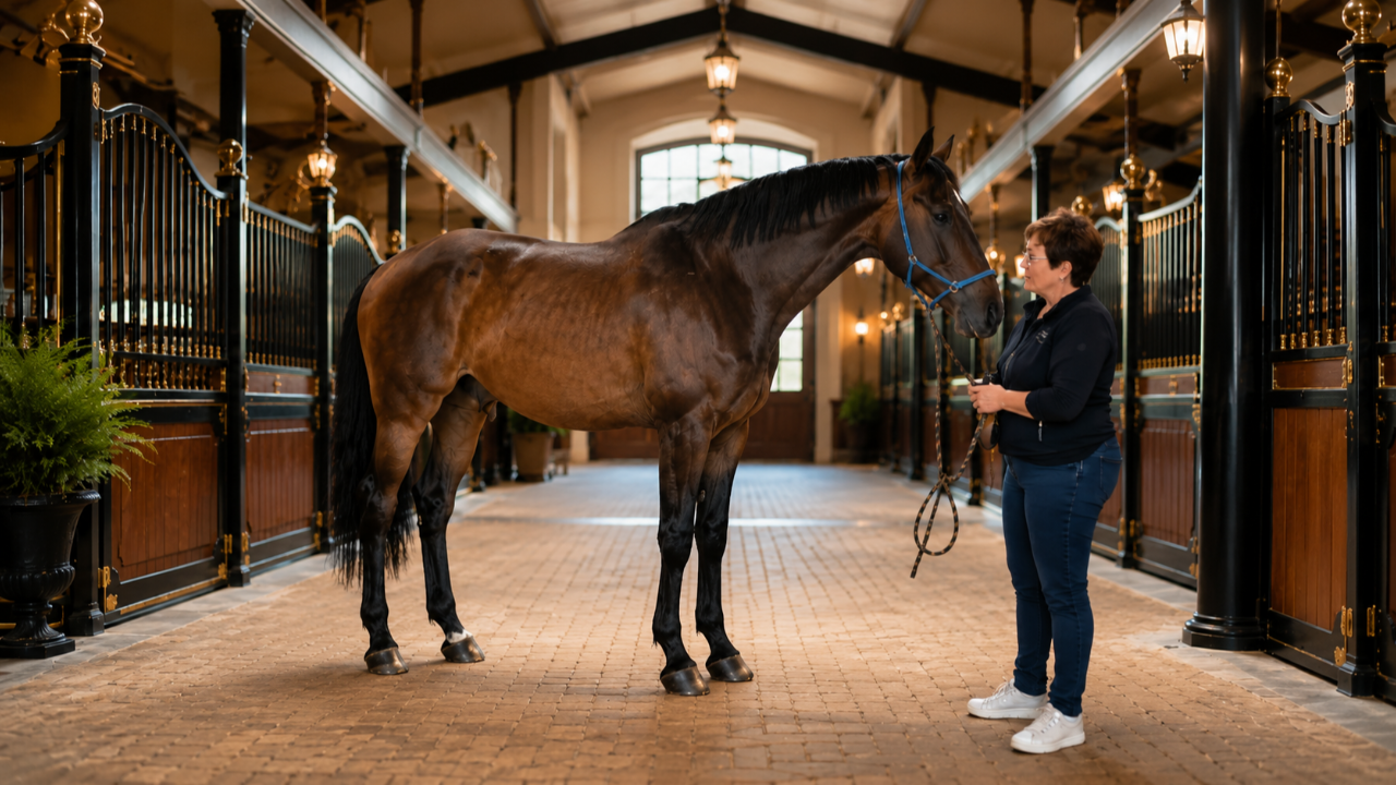 Angelique voelt een sportpaard tijdens een massage en onderzoekt samen met ruiter en dierenarts hoe het paard beter kan bewegen.