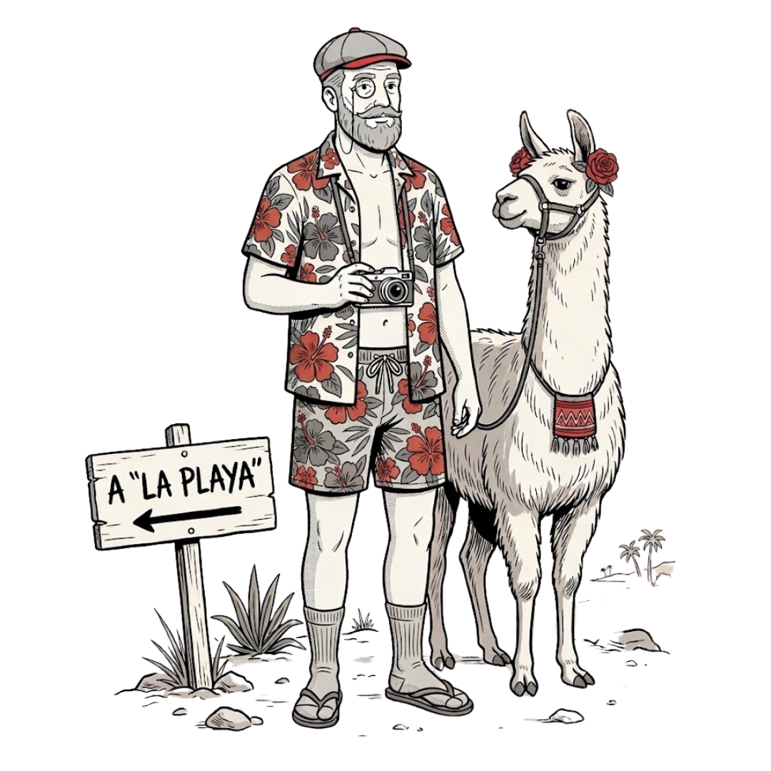 British man walking to the beach with an Argentine llama, representing a stress-free Spanish learning journey with Rutinea.