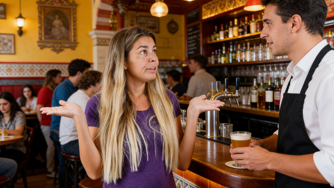 A person that is trying to understand a Spanish waiter in a Bar