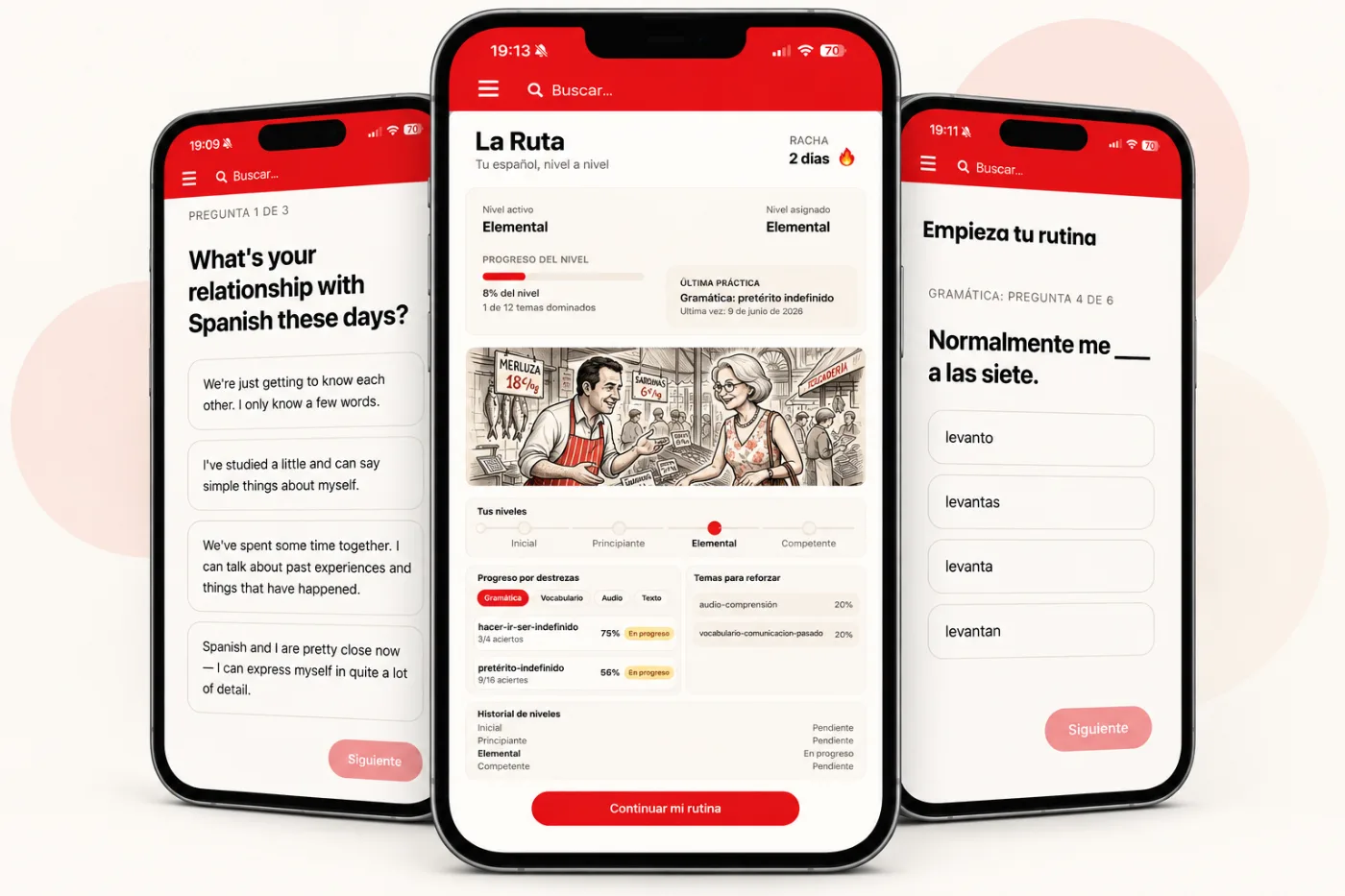 Three Rutinea screens: the level assessment, La Ruta with your progress, and a grammar practice question.