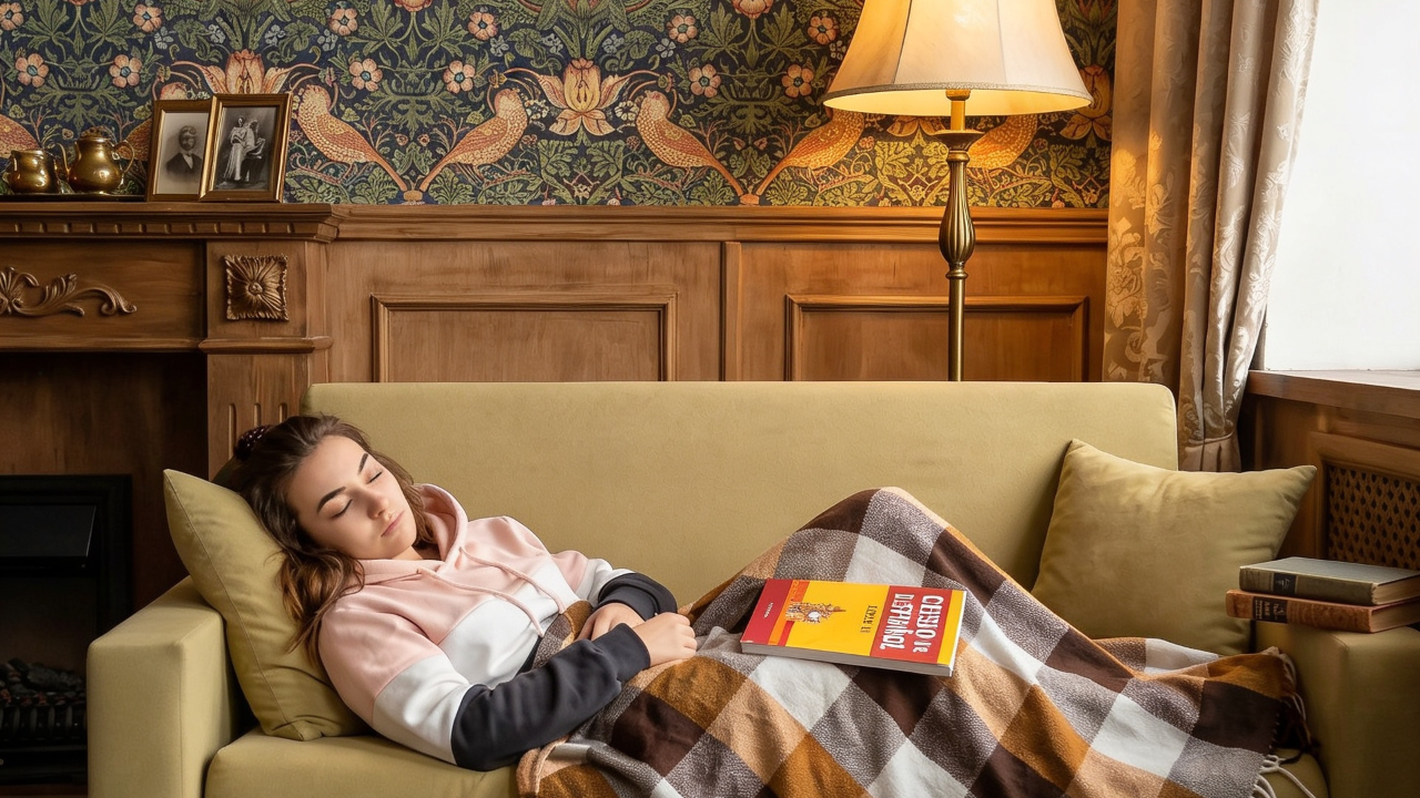 A person looking unmotivated on a sofa during a rainy day in London, representing the trap of waiting for inspiration to learn Spanish.