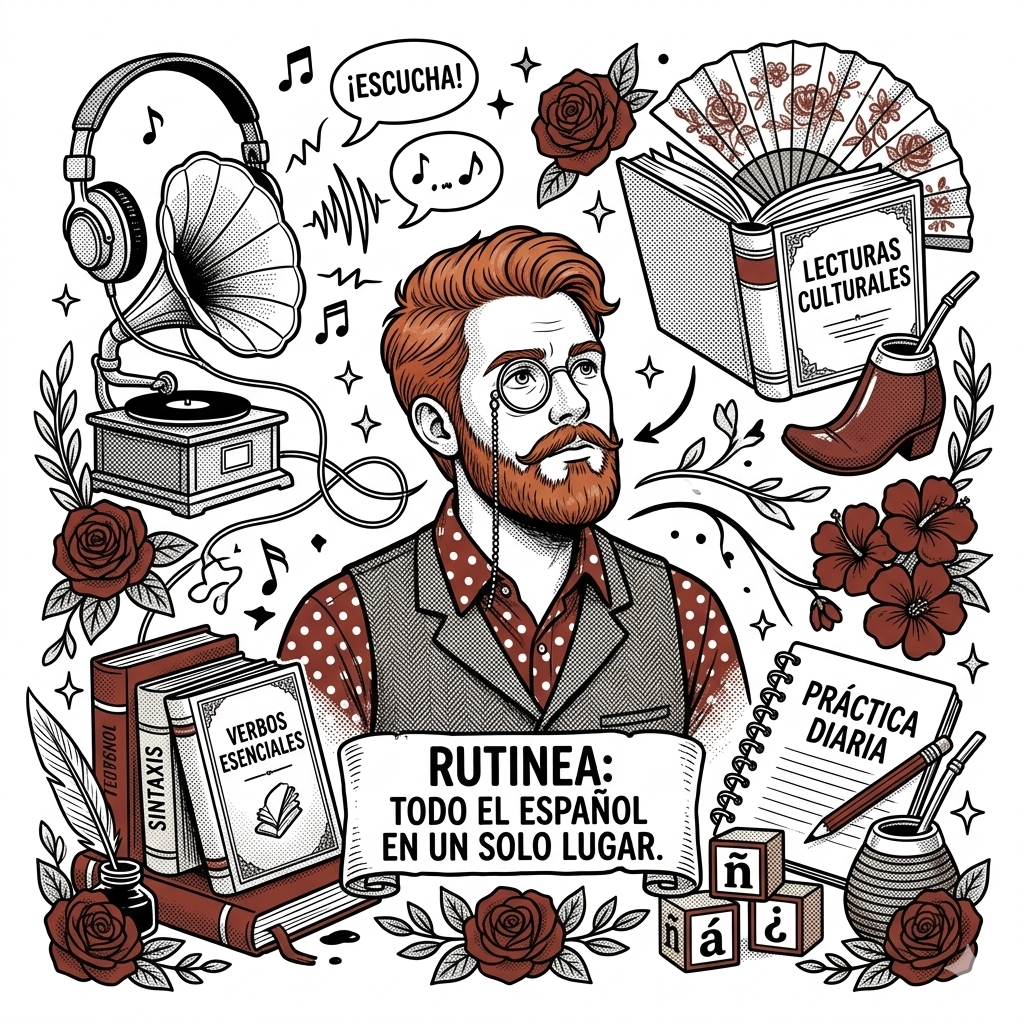 A young student surrounded by icons for Spanish audio, texts, grammar, and exercises in Rutinea.
