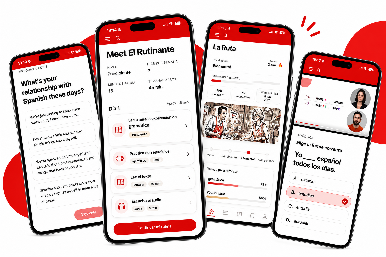 Rutinea app showing a personalised Spanish learning routine with placement, daily practice, learning path and progress tracking.