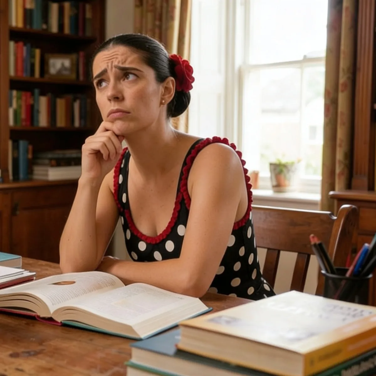 Spanish learner at a desk with grammar books, wondering what her Spanish level is