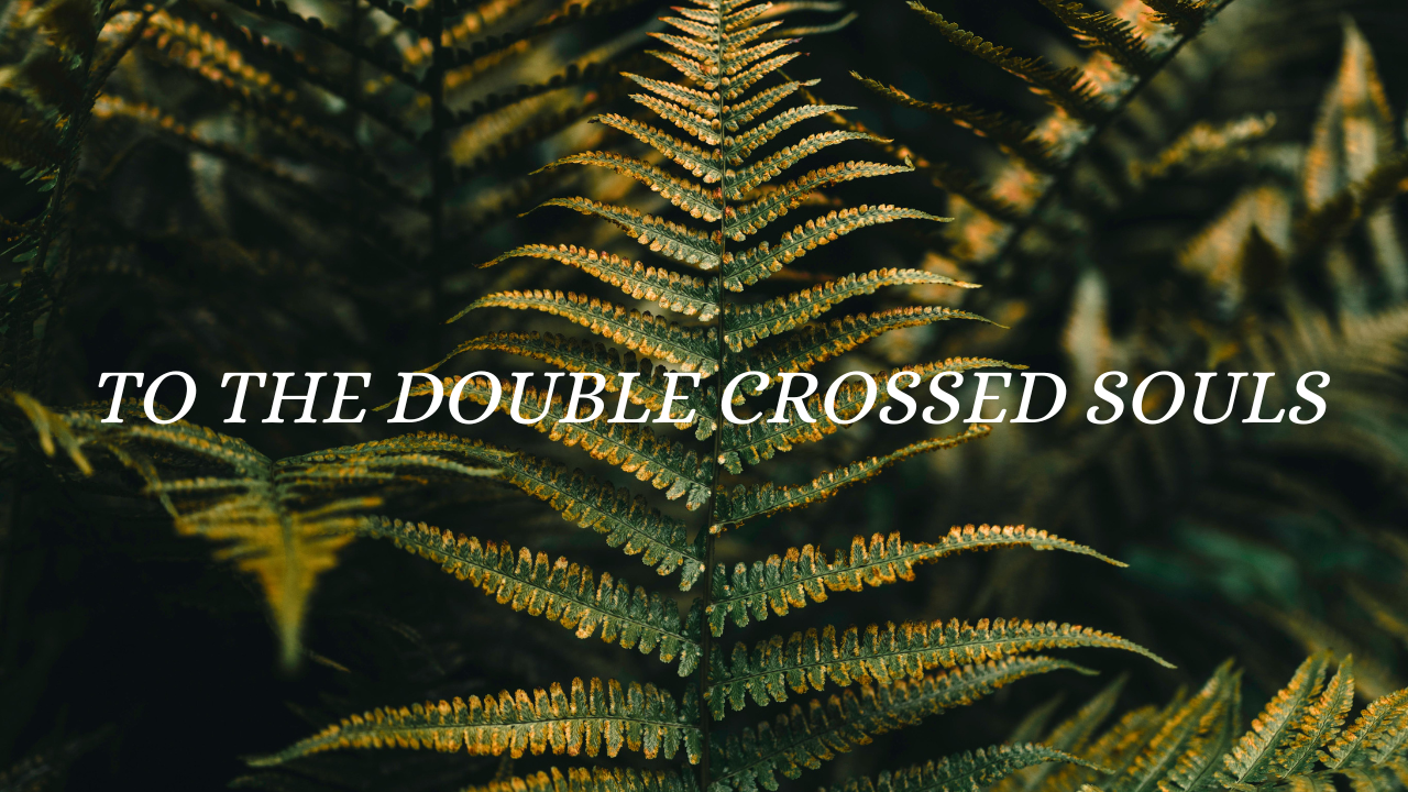 White lettering 'to the double crossed souls' on the photograph of a fern in the background