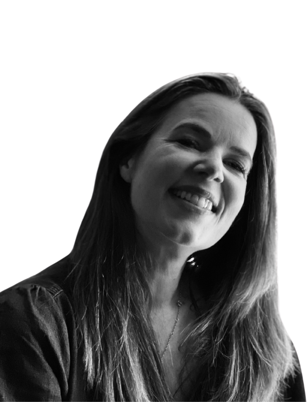 Jacky Power, therapeutic poet, smiling black and white portrait