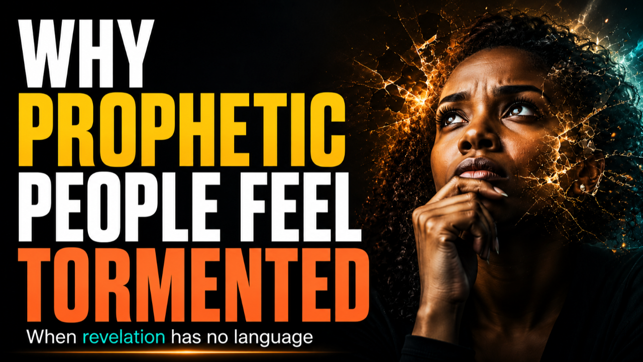 woman in deep thought beside bold text reading “Why Prophetic People Feel Tormented,” with amber and teal fractured light symbolizing prophetic confusion and spiritual overwhelm.