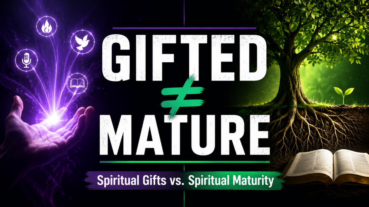 Gifted does not equal mature, illustrated by spiritual gifts on one side and a rooted tree with an open Bible on the other.