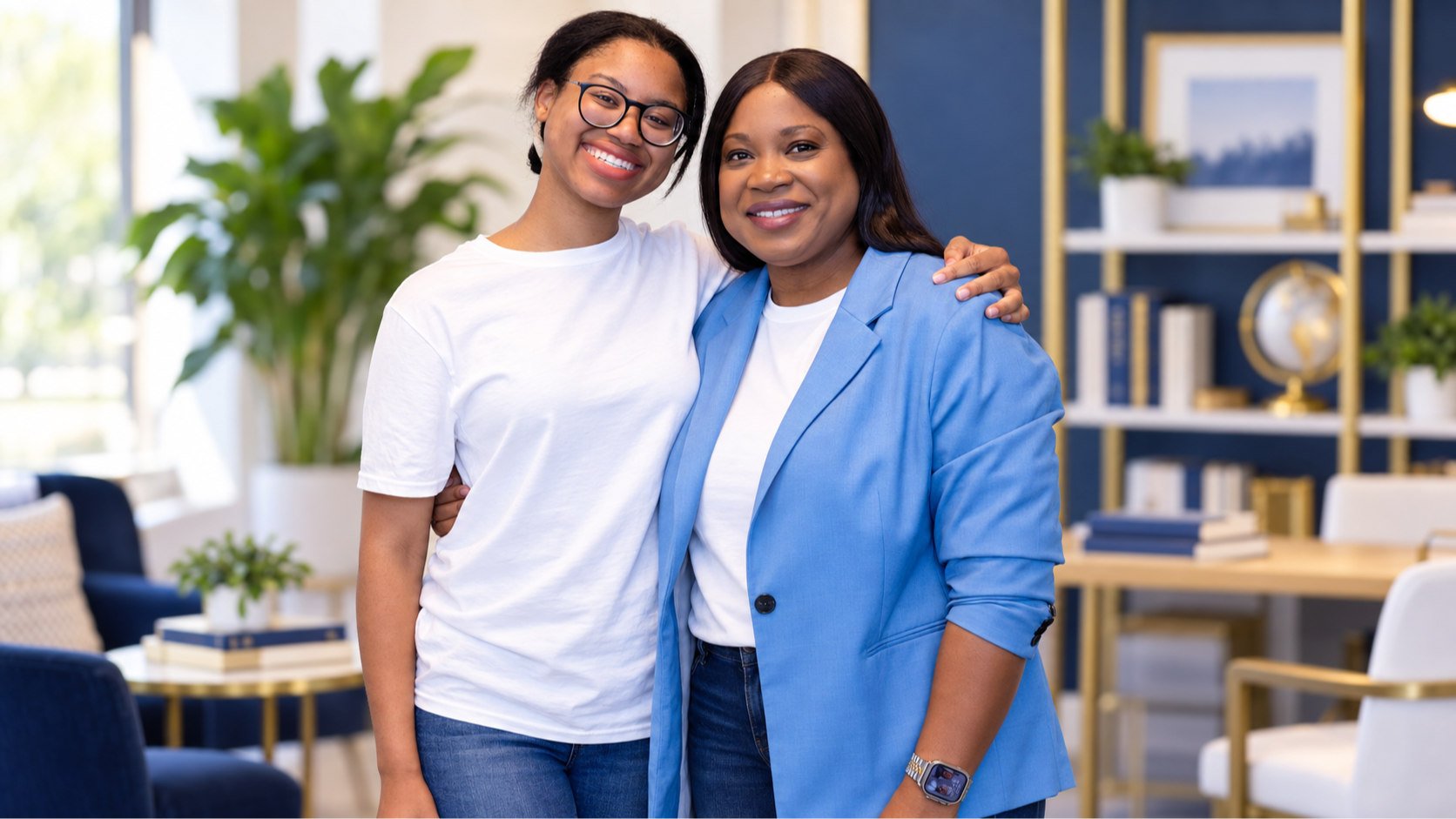 Two women smiling together in a welcoming DreamWorld learning-community setting.