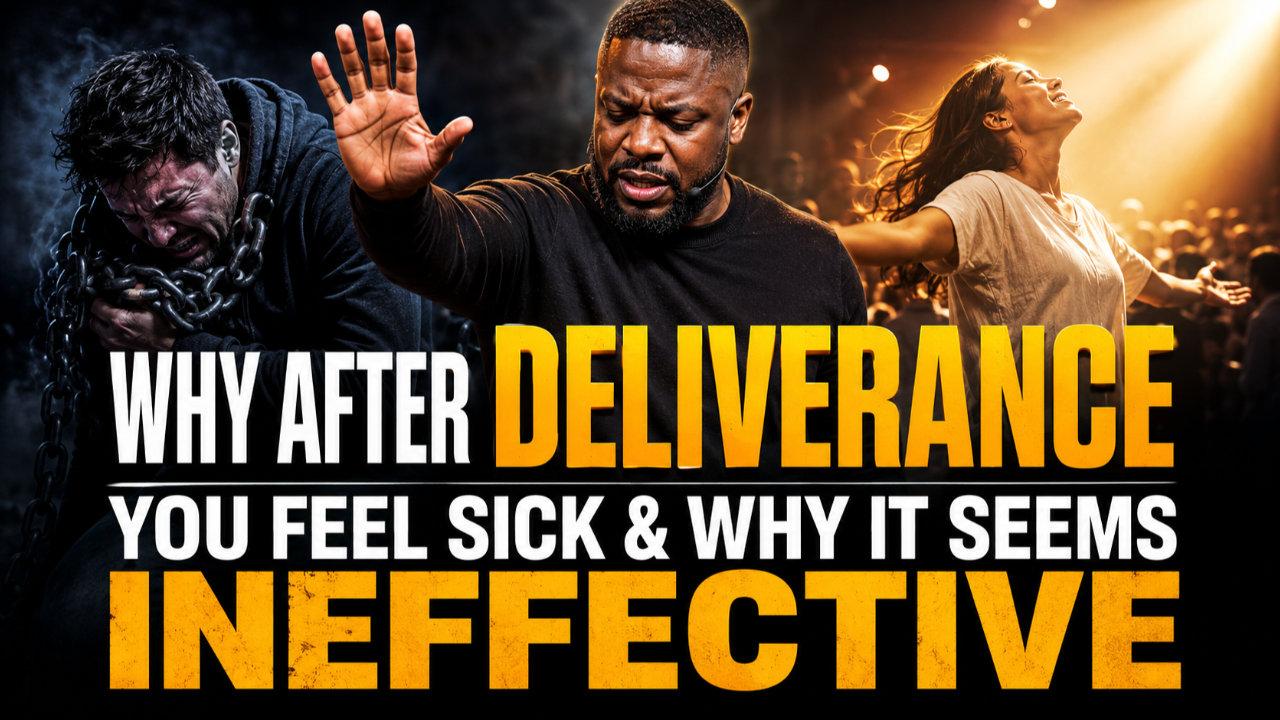 Apostle Jerry teaching on why people may feel sick after deliverance and why deliverance can seem ineffective, shown between images of spiritual bondage and freedom.