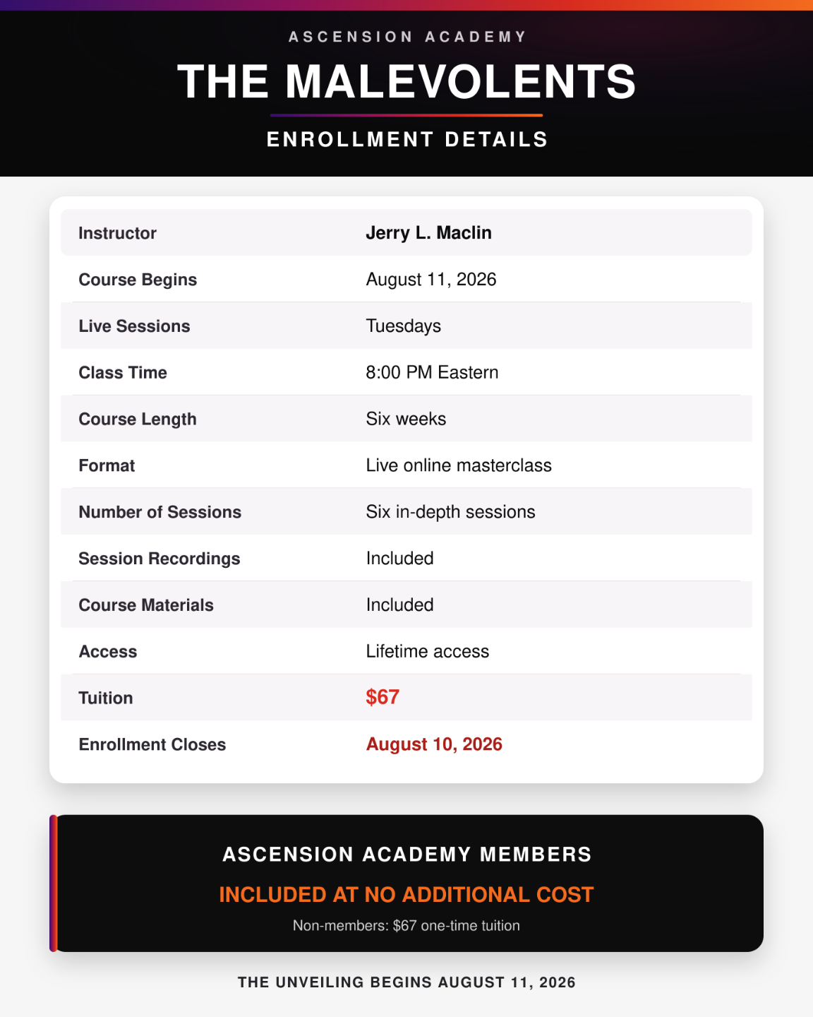 The Malevolents course details: six live sessions beginning August 11, 2026, at 8:00 PM Eastern; $67 tuition