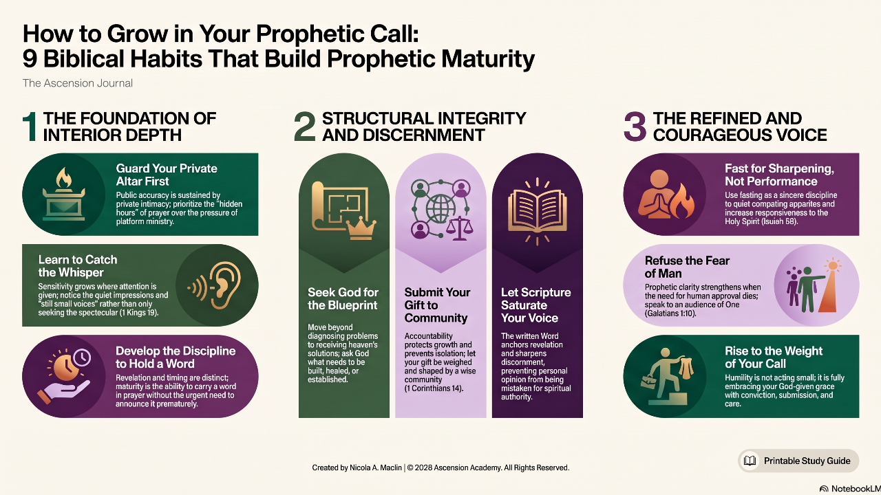 How to grow in your prophetic call infographic showing nine biblical habits for prophetic maturity and spiritual growth.