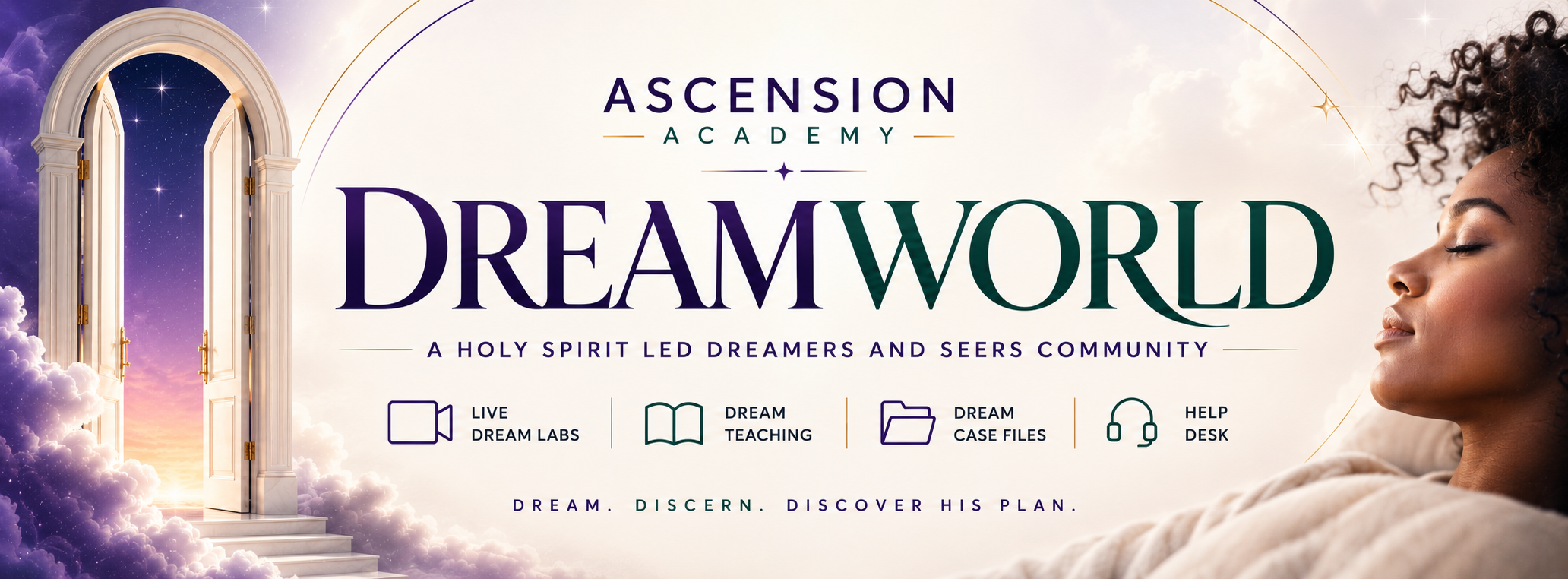 DreamWorld biblical dream interpretation course and community cover featuring an open doorway, clouds, and a woman sleeping peacefully.