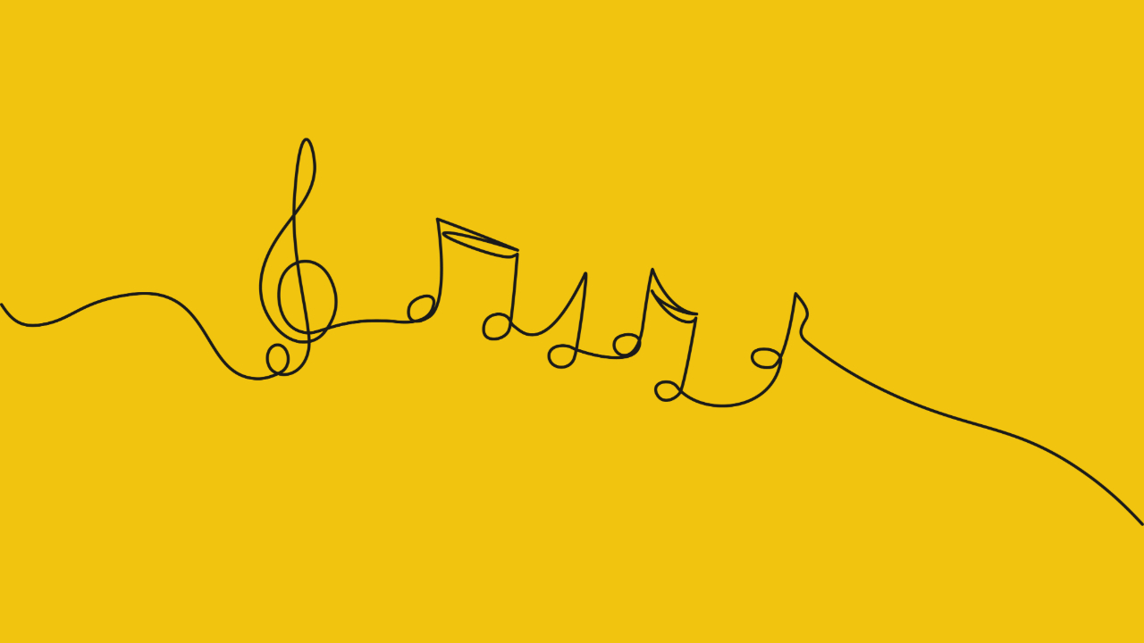 Simple doodle of music notes shooting outwards from a hand, symbolizing the creation of music