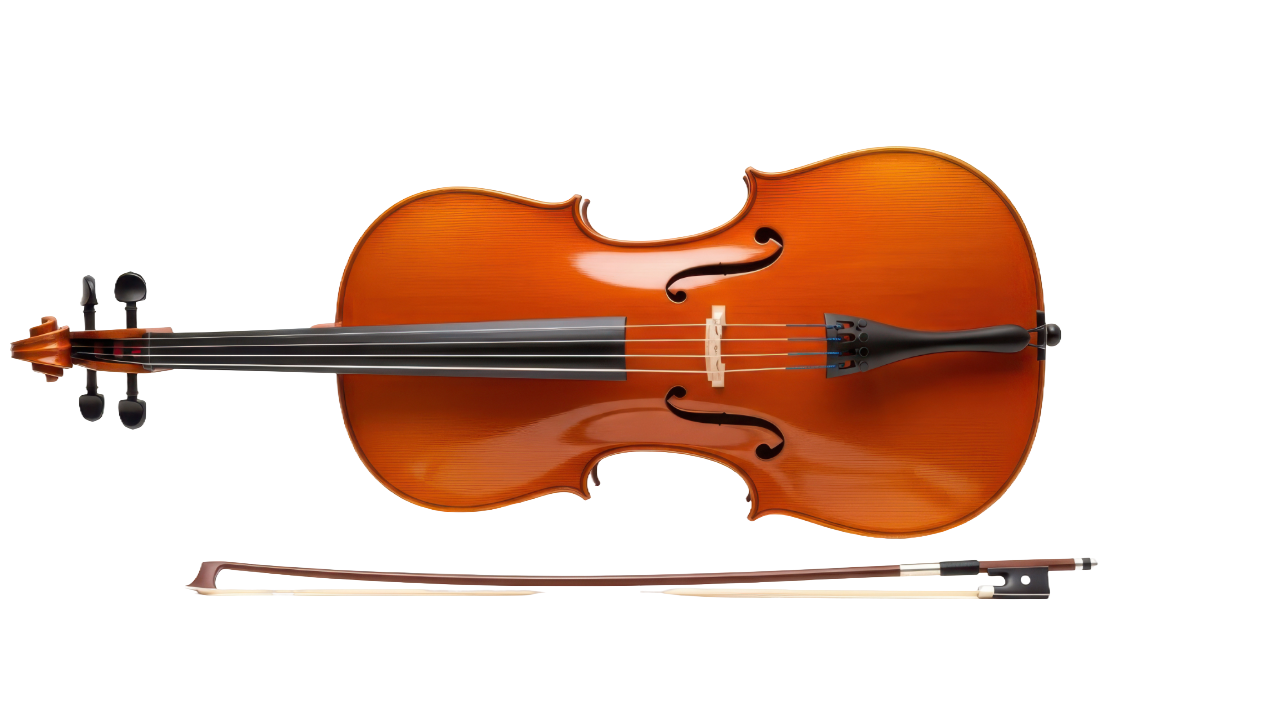 A cello laying on its side alongside a bow